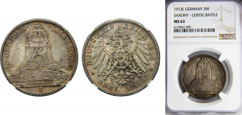 GERMANY Saxony Friedrich August III 1913 3 MARK Silver NGC States, 100th Anniver...