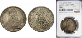 GERMANY Saxony Friedrich August III 1913 3 MARK Silver NGC States, 100th Anniversary of the Battle of Leipzig, Lovely Patina KM# 1275