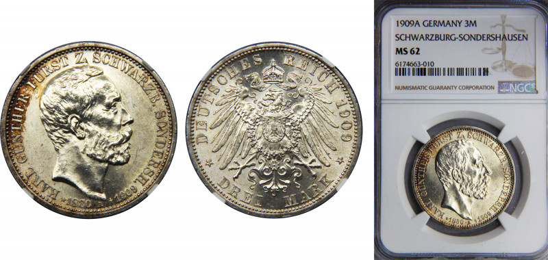 GERMANY Schwarzburg-Sondershausen 1909 3 MARK Silver NGC States, Death of Prince...