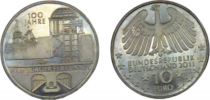 GERMANY 2011 J 10 EURO ALLOY Federal Republic, 100 Years Hamburger Elbtunnel 14g...