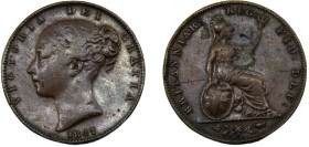 GREAT BRITAIN Victoria 1847 1 FARTHING COPPER United Kingdom, 1st portrait, "Young Head" 4.77g KM# 725