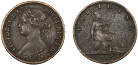 GREAT BRITAIN Victoria 1865 1 FARTHING BRONZE United Kingdom, 2nd portrait, "Bun head", 1st type 2.74g KM#747.2