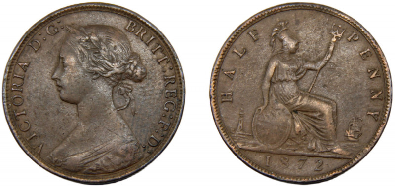 GREAT BRITAIN Victoria 1872 ½ PENNY BRONZE United Kingdom, 2nd portrait, "Bun he...