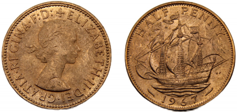 GREAT BRITAIN Elizabeth II 1967 ½ PENNY BRONZE United Kingdom, 1st portrait 5.71...