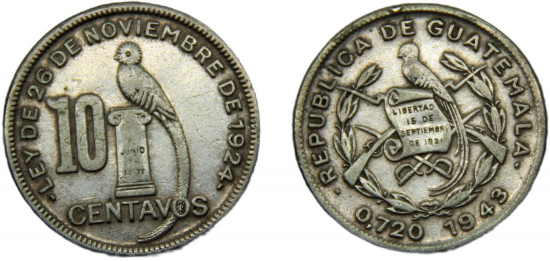 GUATEMALA 1943 10 CENTAVOS SILVER Republic 3.3g KM#239.2