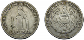 GUATEMALA 1947 ¼ QUETZAL SILVER Republic 8.07g KM#243.2