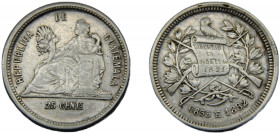 GUATEMALA 1882 E 25 CENTAVOS SILVER Republic 6.07g KM#205.1
