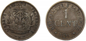 HAITI 1895 A, AN92 1 CENTIME BRONZE First Republic, Paris Mint 5.09g KM# 48