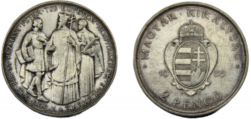 HUNGARY Miklós Horthy 1935 2 PENGŐ SILVER Kingdom, 300th Anniversary of the Foun...