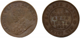 INDIA Sailana George V 1912 ¼ ANNA COPPER Princely states 4.91g KM# 16