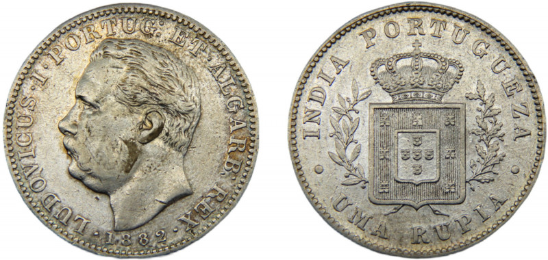 INDIA Luíz I 1882 1 RUPIA SILVER Portuguese, Calcutta Mint 11.51g KM# 312