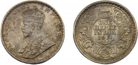 INDIA George V 1911 1 RUPEE SILVER British, "pig elephant", Calcutta Mint 11.66g KM# 523