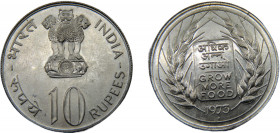 INDIA 1973 ♦ 10 RUPEES SILVER Republic, FAO - Grow More Food, Bombay Mint 22.34g KM# 188