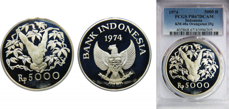 INDONESIA 1974 5000 RUPIAH Silver PCGS DCAM Orangutan KM# 40a