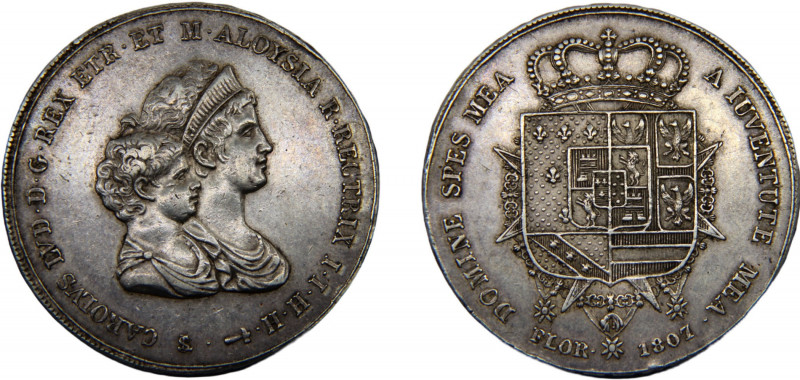 ITALIAN STATES Etruria Charles Louis II / Maria Luisa 1807 10 LIRE SILVER Kingdo...