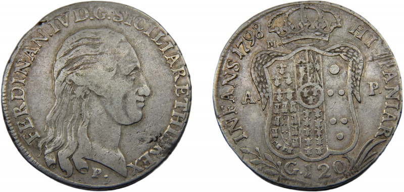 ITALIAN STATES Naples Ferdinando IV 1798 P//M, A-P 120 GRANA SILVER Kingdom 27.2...