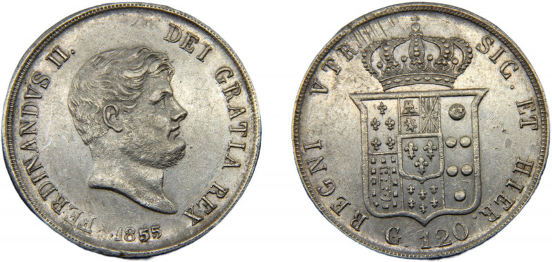 ITALIAN STATES Two Sicilies Ferdinando II 1855 120 GRANA SILVER Kingdom 27.54g K...