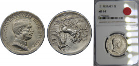 ITALY Vittorio Emanuele III 1914 2 LIRE Silver NGC Carriage, Rome mint KM# 55
