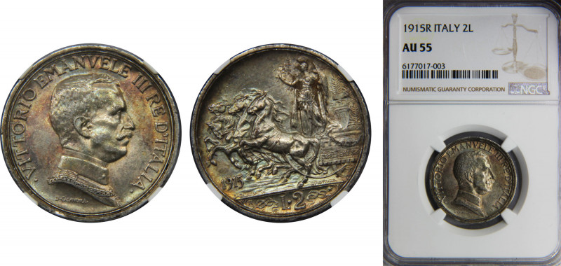 ITALY Vittorio Emanuele III 1915 2 LIRE Silver NGC Carriage, Roma mint KM# 55