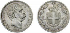 ITALY Umberto I 1881 R 2 LIRA SILVER Kingdom, Rome Mint 9.93g KM# 23