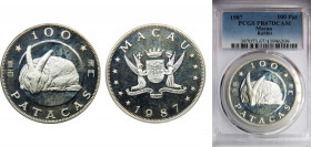 MACAU 1987 100 PATACAS Silver PCGS DCAM Year of the Rabbit KM# 36