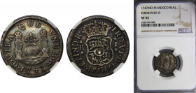 MEXICO Ferdinand VI 1747 1 REAL Silver NGC Mexico City Mint, Mo M, Columnario Type, Lovely Patina KM# 76