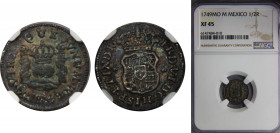 MEXICO Ferdinand VI 1749 1/2 REAL Silver NGC Mexico City Mint, Mo M, Columnario Type, Lovely Patina KM# 67