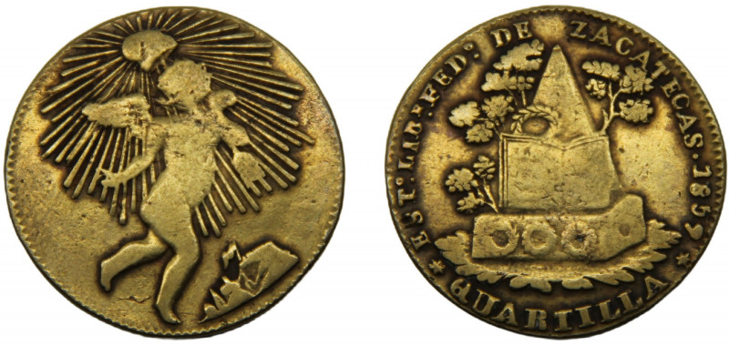 MEXICO 1859 ¼ REAL BRASS Federal Republic, State Coinage, Zacatecas Mint 6.68g K...
