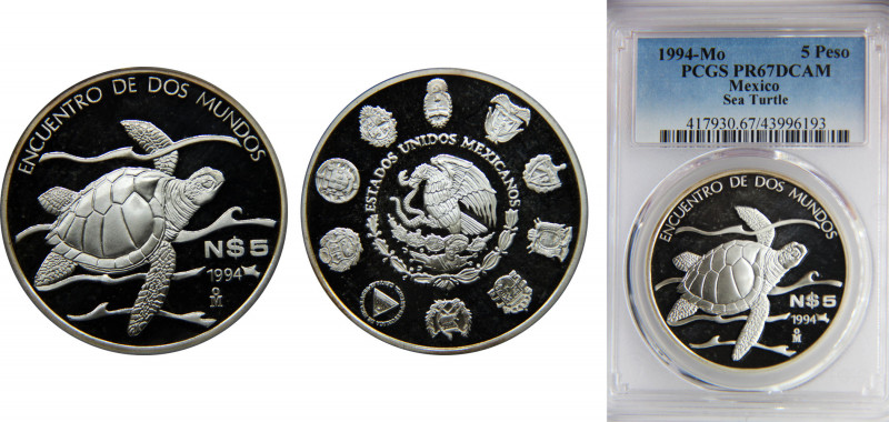 MEXICO 1994 5 NUEVOS PESOS Silver PCGS DCAM Endangered Wildlife Pacific Ridley S...