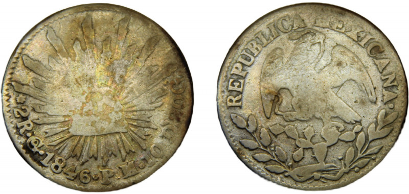 MEXICO 1846 Go PM 2 REALES SILVER Federal Republic, Guanajuato Mint 6.4g KM#374....