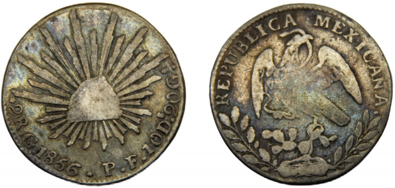 MEXICO 1856 Go PF 2 REALES SILVER Federal Republic, Guanajuato Mint 6.45g KM#374...