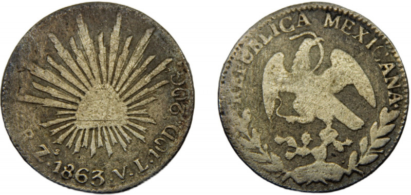 MEXICO 1863 Zs VL 2 REALES SILVER Federal Republic, Zacatecas Mint 5.89g KM#374....