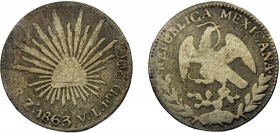 MEXICO 1863 Zs VL 2 REALES SILVER Federal Republic, Zacatecas Mint 5.89g KM#374.12
