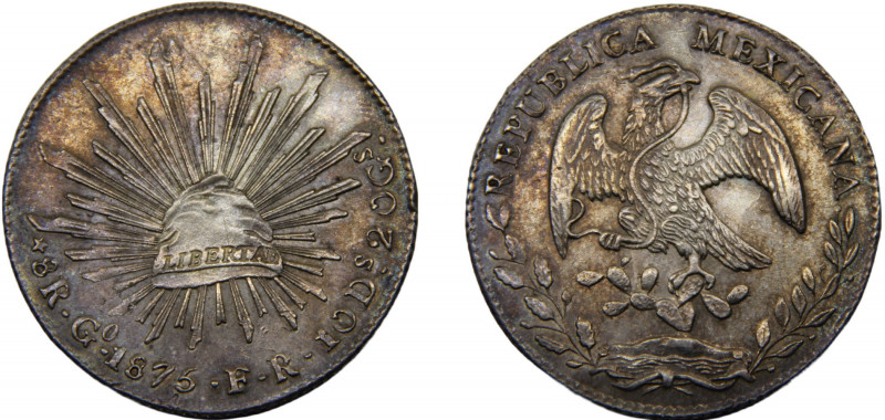 MEXICO 1875 Go FR 8 REALES SILVER Federal Republic, Guanajuato Mint 27.1g KM#377...