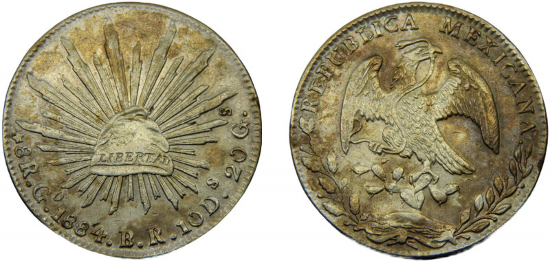 MEXICO 1884 Go BR 8 REALES SILVER Federal Republic, Guanajuato Mint 27.12g KM#37...