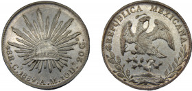 MEXICO 1889 CN AM 8 REALES SILVER Federal Republic, Culiacan Mint 27.49g KM#377.3