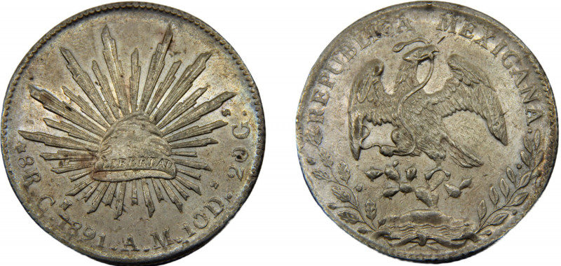 MEXICO 1891 CN AM 8 REALES SILVER Federal Republic, Culiacan Mint 26.43g KM#377....