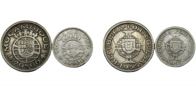 MOZAMBIQUE 1955 10 ESCUDOS, 20 ESCUDOS SILVER Portuguese, Overseas Province, 2 L...
