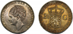 NETHERLANDS Wilhelmina I 1933 2½ GULDEN SILVER Kingdom, deep hair lines 25g KM# 165