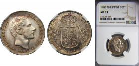 PHILIPPINES Alfonso XIII 1885 20 CENTAVOS Silver NGC Manila Mint, Plain Edge, Pattern?? Can't find another example KM# 149