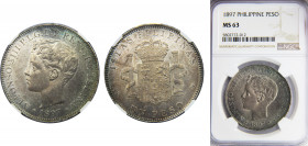 PHILIPPINES Alfonso XIII 1897 1 PESO Silver NGC SGV, Manila Mint, Lovely Patina, SCARCE at this level of preservation KM# 154