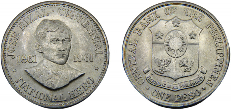 PHILIPPINES 1961 1 PESO SILVER Republic, 100th Anniversary Birth of Dr. Jose Riz...