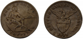 PHILIPPINES 1931 M 1 CENTAVO BRONZE U.S. Administration, Manila Mint 5.11g KM# 163