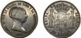SPAIN Isabel II 1851 20 REALES SILVER Kingdom, Madrid Mint 25.69g KM#593.2