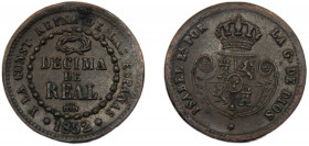 SPAIN Isabel II 1852 1 DECIMA DE REAL COPPER Kingdom, Segovia Mint 3.78g KM# 590