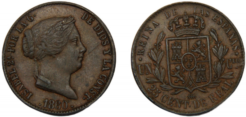 SPAIN Isabel II 1860 25 CENTIMOS DE REAL COPPER Kingdom, Segovia Mint 9.28g KM#6...