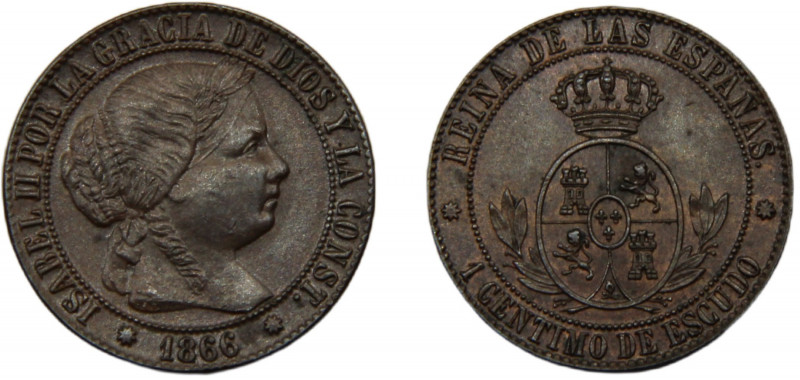SPAIN Isabel II 1866 1 CENTIMO DE ESCUDO BRONZE Kingdom, Barcelona Mint, With ou...