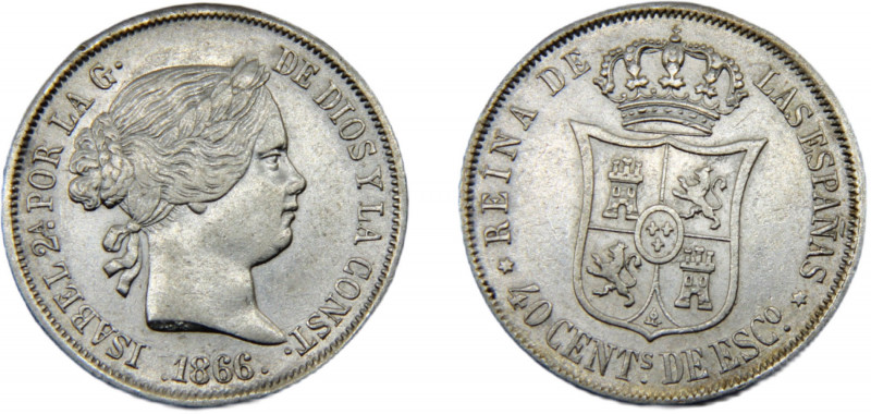 SPAIN Isabel II 1866 40 CENTIMOS DE ESCUDO SILVER Kingdom, Madrid Mint 5.2g KM#6...
