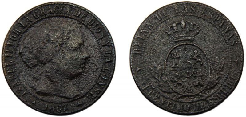 SPAIN Isabel II 1867 1 CENTIMO DE ESCUDO BRONZE Kingdom, Segovia Mint, With out ...