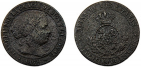 SPAIN Isabel II 1867 1 CENTIMO DE ESCUDO BRONZE Kingdom, Segovia Mint, With out "OM" 2.34g KM#633.4